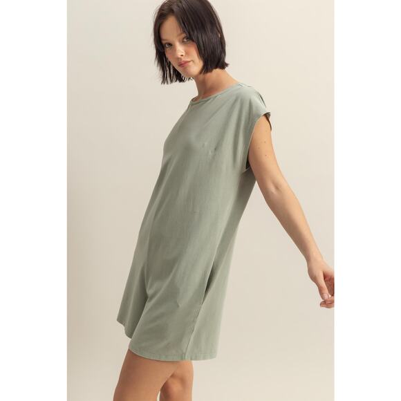 HYFVE Round Neck Cap Sleeves Side Pockets Relaxed Fit Breezy Romper | Sage Green - Picture 4 of 6